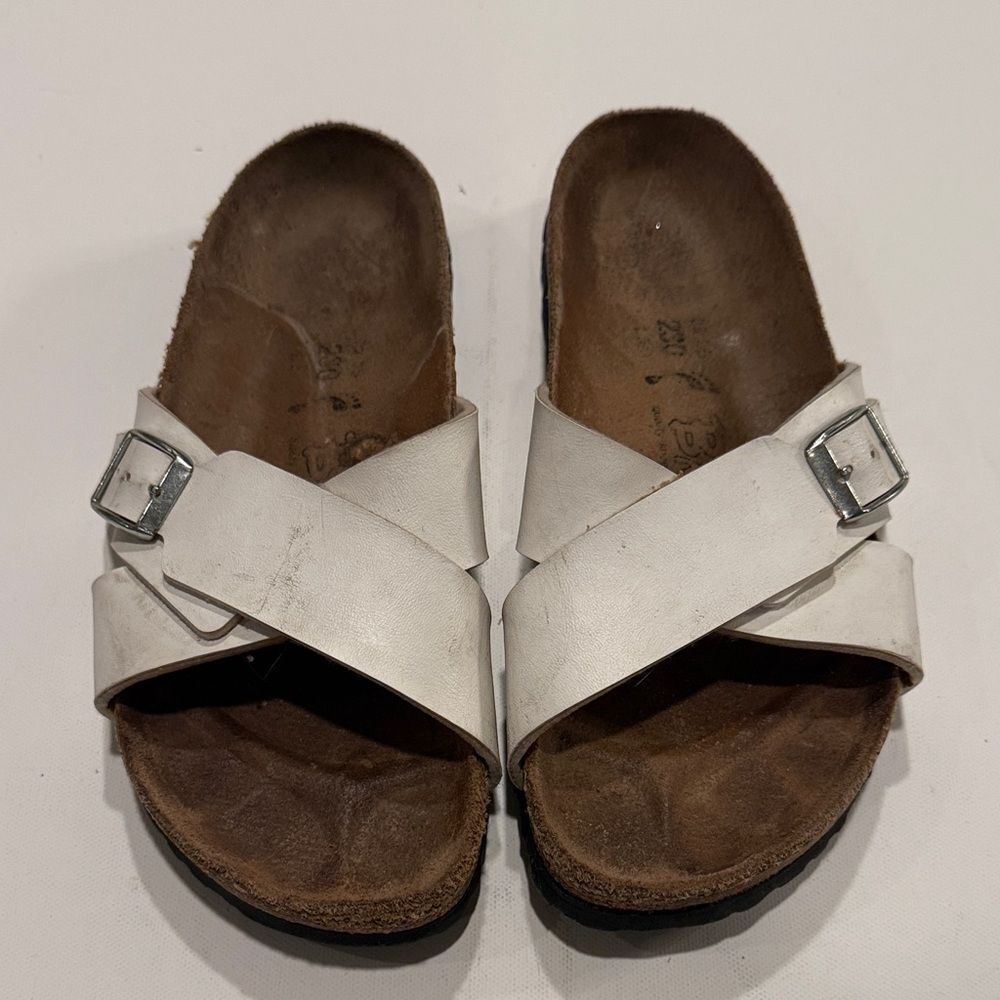 Birkenstock White Cross-Strap Sandals with Silver Buckles